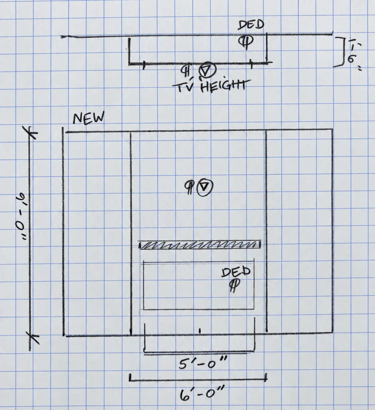Hand-drawn proportional elevation of the proposed fireplace feature wall