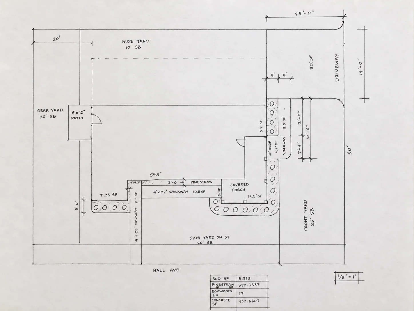 Hand-drawn site plan for proposed Lot 017 on Hall Avenue in Opelika showing setbacks, driveway, porch, walkways, and landscaping