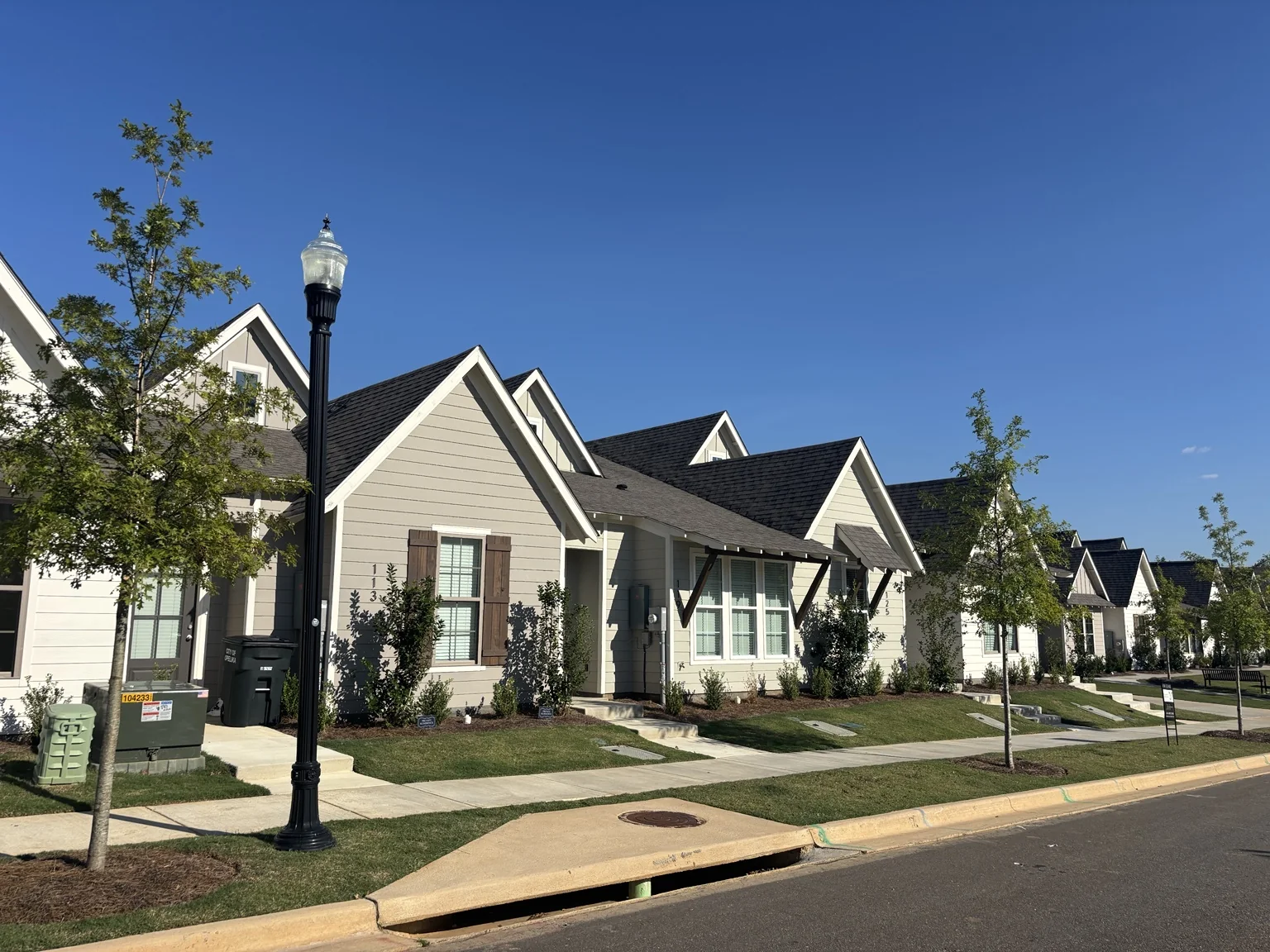 Completed townhomes on Summer Street in the Firefly subdivision in Opelika, Alabama
